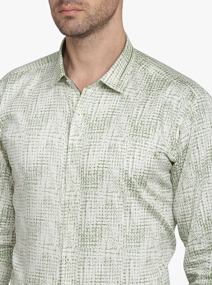 Cream & Green Printed Slim Fit Party Wear Shirt  | JB Studio