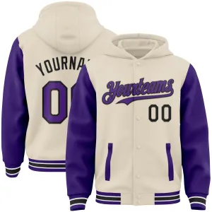 Custom Cream Purple Black-White Bomber Full-Snap Varsity Letterman Two Tone Hoodie Jacket