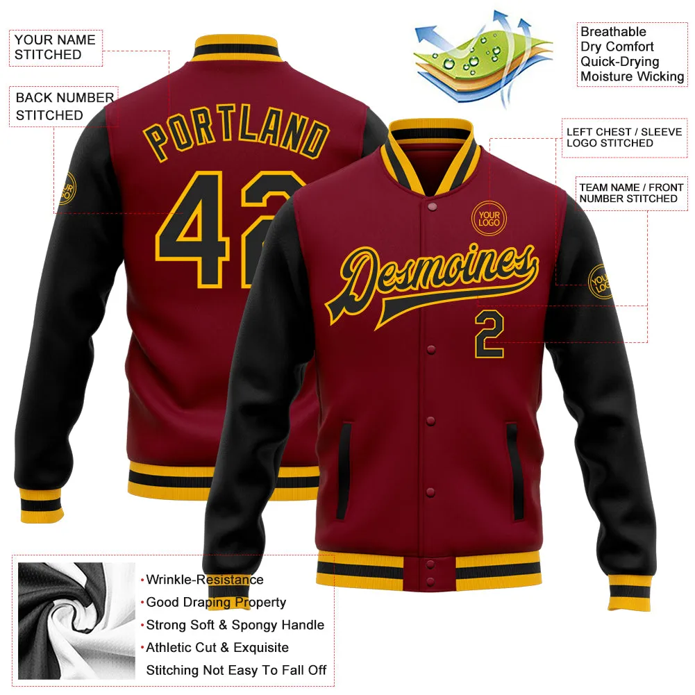 Custom Crimson Black-Gold Bomber Full-Snap Varsity Letterman Two Tone Jacket