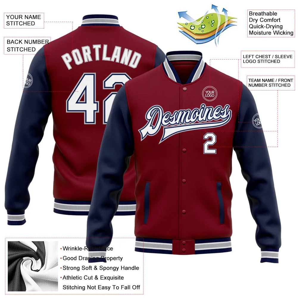 Custom Crimson White Navy-Gray Bomber Full-Snap Varsity Letterman Two Tone Jacket