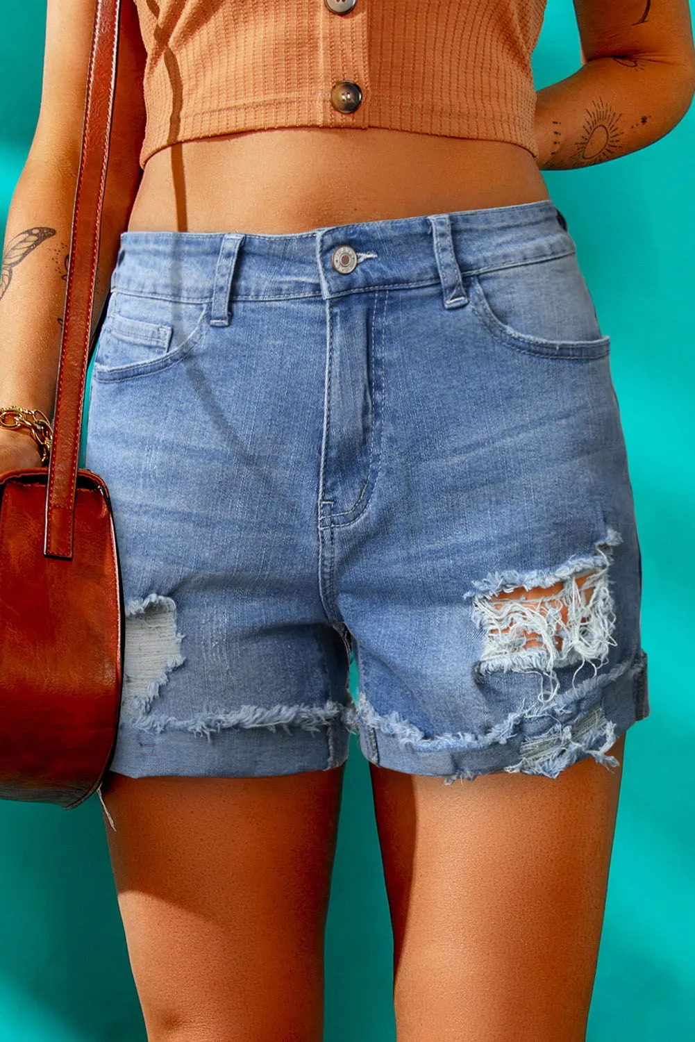 Dark Blue Casual Ripped Rolled Hem Denim Shorts