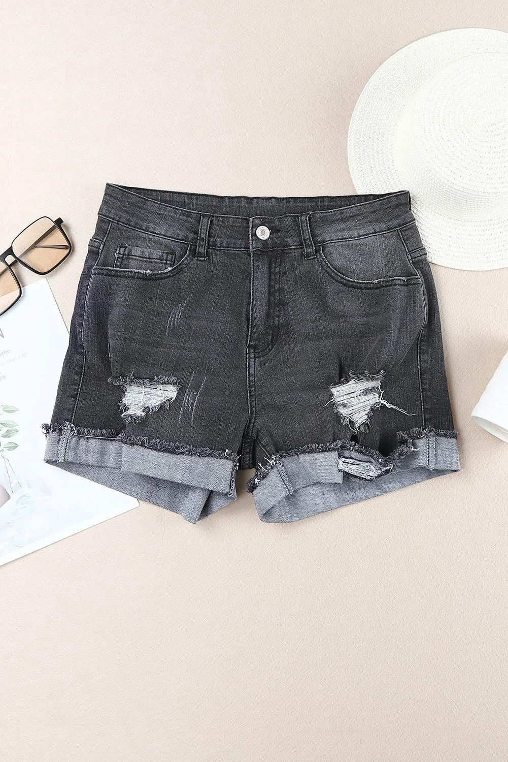 Dark Blue Casual Ripped Rolled Hem Denim Shorts