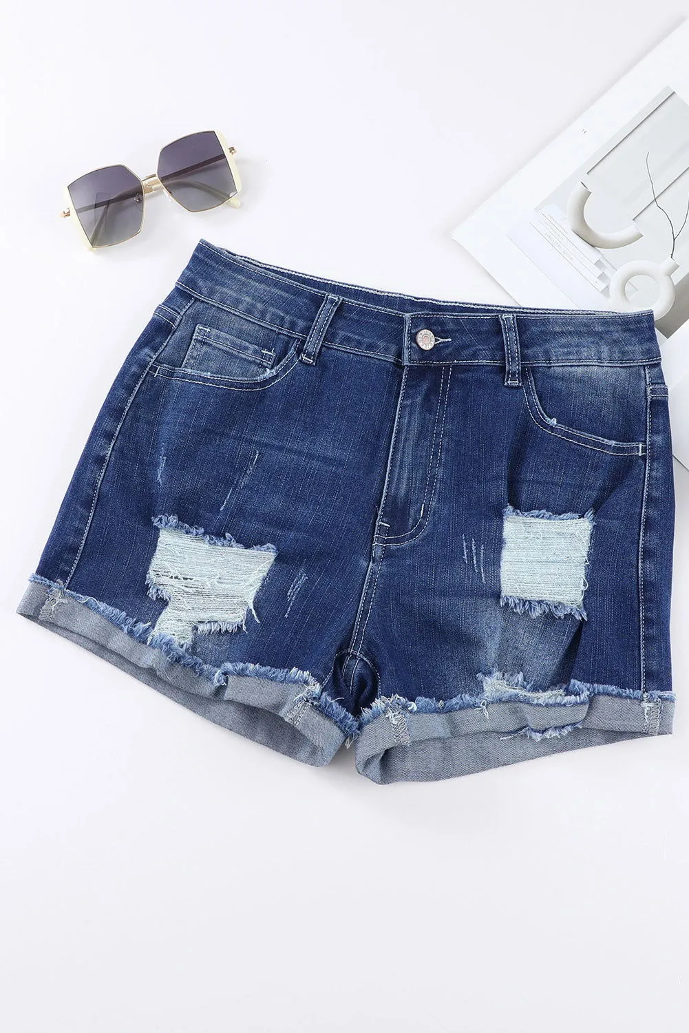 Dark Blue Casual Ripped Rolled Hem Denim Shorts