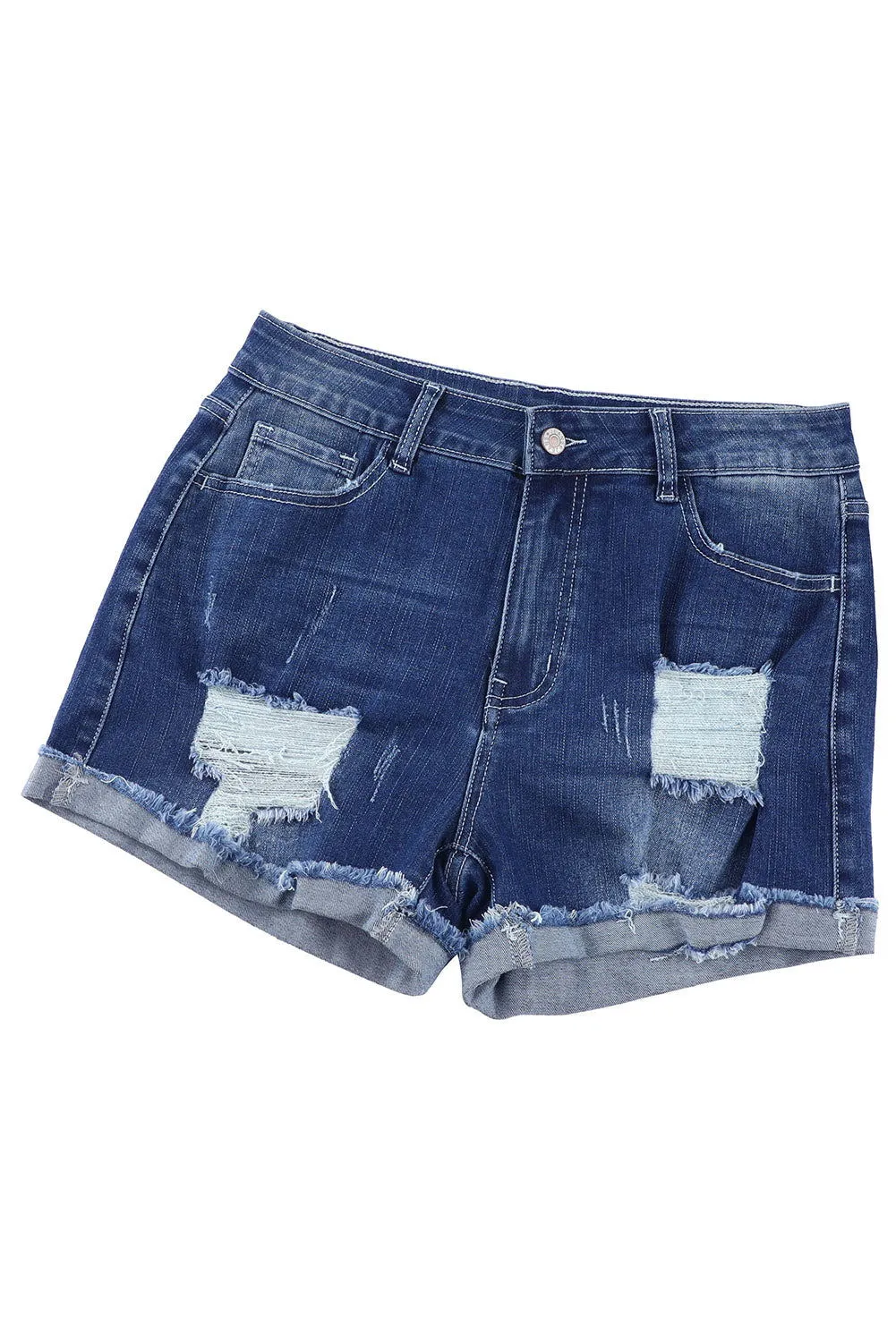 Dark Blue Casual Ripped Rolled Hem Denim Shorts