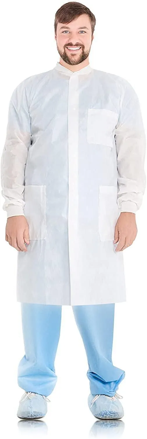 Disposable Lab Coats, 41" Long. Pack of 100 White Adult Work Gowns