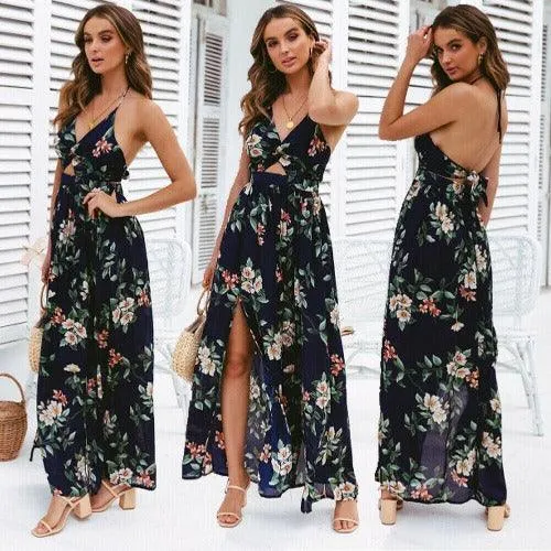 Elegant Bohemian Floral Printed Chiffon Maxi Dress