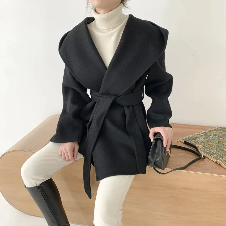 Ewah Faux Wool Belted Hoodie Half Coats