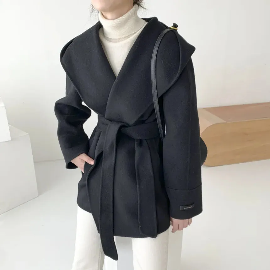 Ewah Faux Wool Belted Hoodie Half Coats