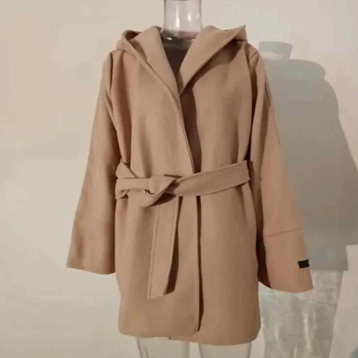 Ewah Faux Wool Belted Hoodie Half Coats