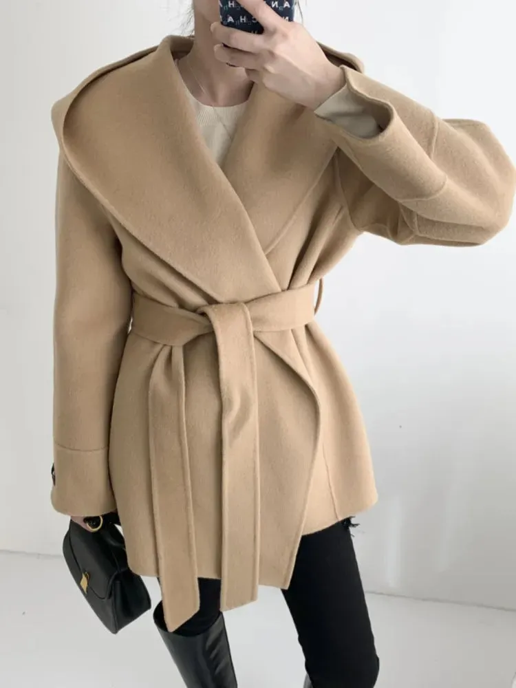 Ewah Faux Wool Belted Hoodie Half Coats