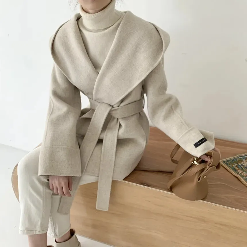 Ewah Faux Wool Belted Hoodie Half Coats