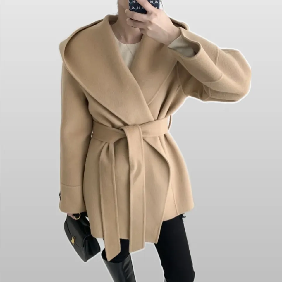 Ewah Faux Wool Belted Hoodie Half Coats