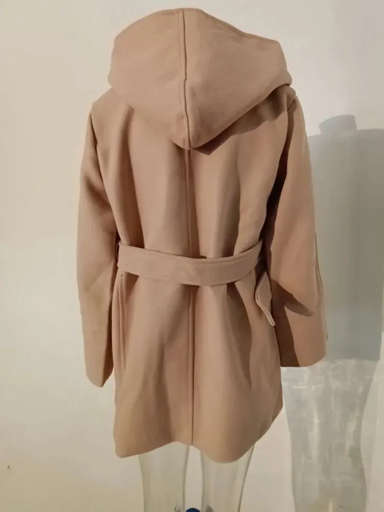 Ewah Faux Wool Belted Hoodie Half Coats