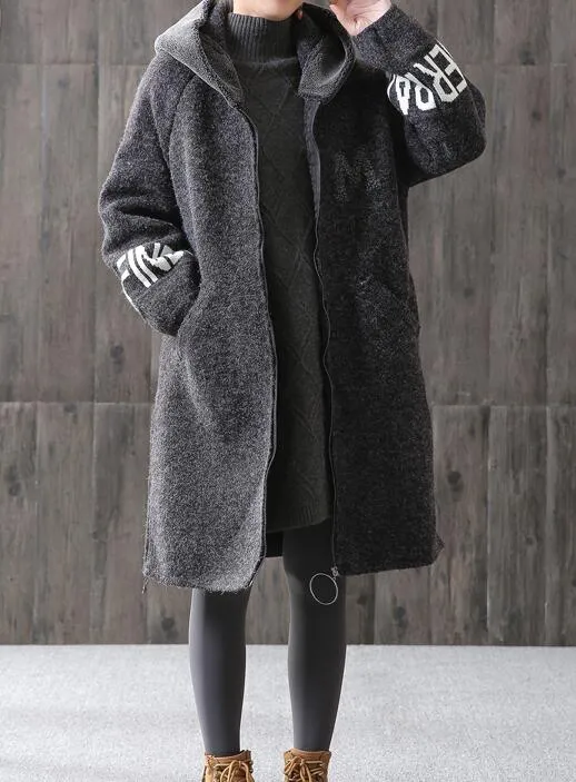 Fleece Gray Women Coat Handmade loose Hooded Women Wool Coat Jacket