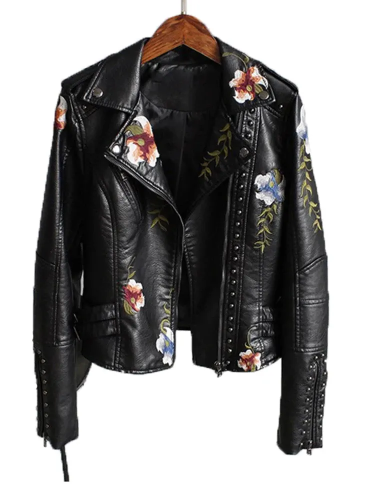 Floral Print Embroidery Faux Soft Leather Jacket Turn-down Collar