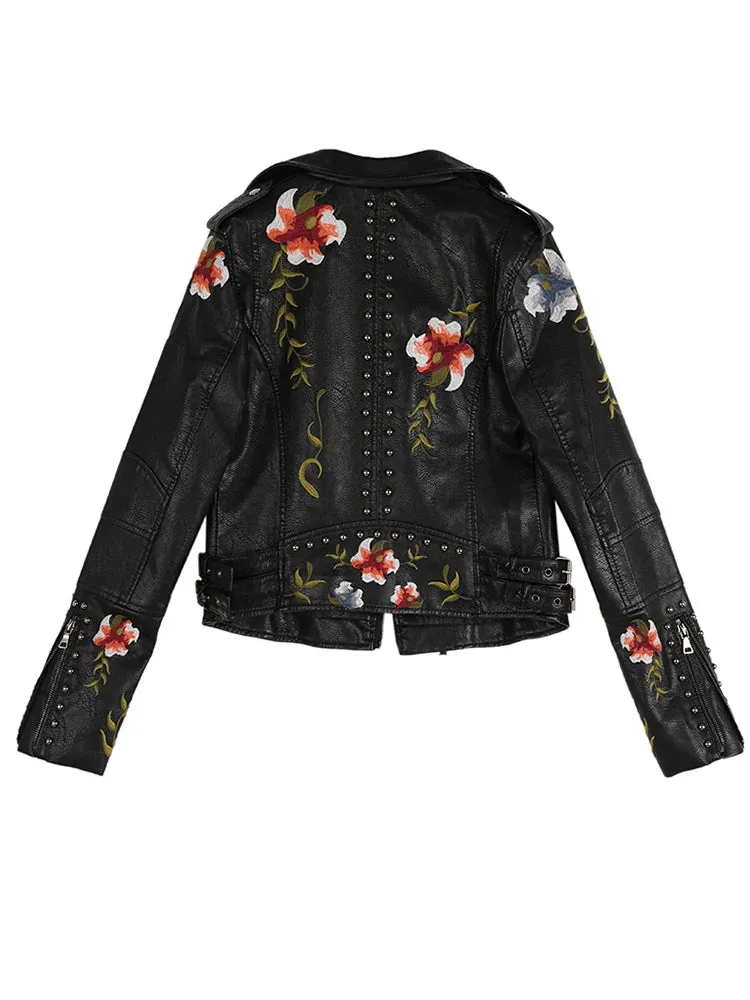 Floral Print Embroidery Faux Soft Leather Jacket Turn-down Collar