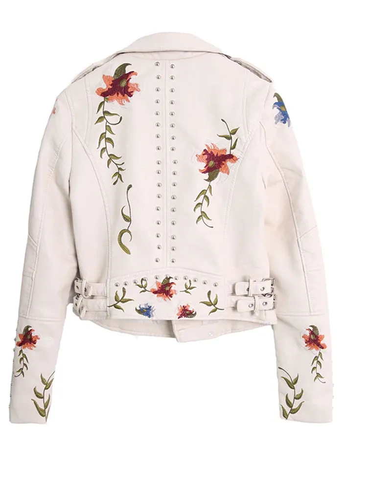 Floral Print Embroidery Faux Soft Leather Jacket Turn-down Collar