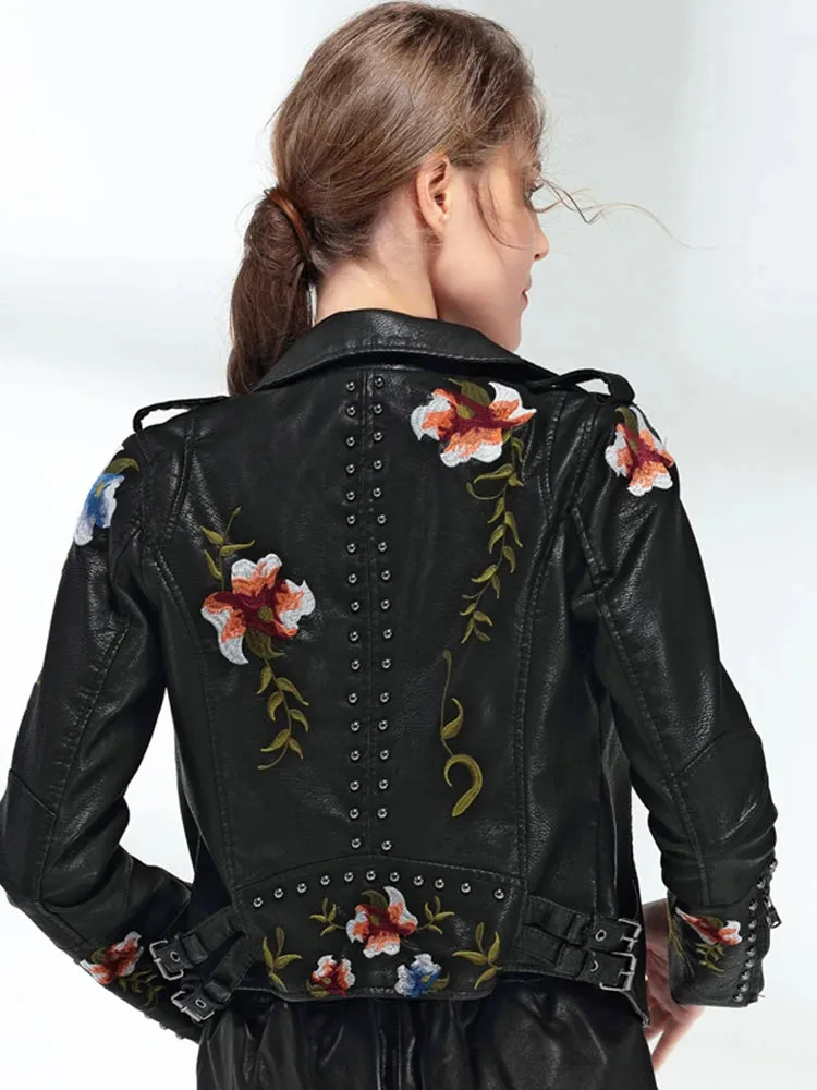 Floral Print Embroidery Faux Soft Leather Jacket Turn-down Collar