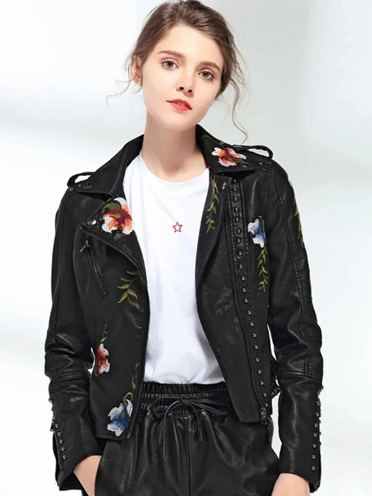 Floral Print Embroidery Faux Soft Leather Jacket Turn-down Collar