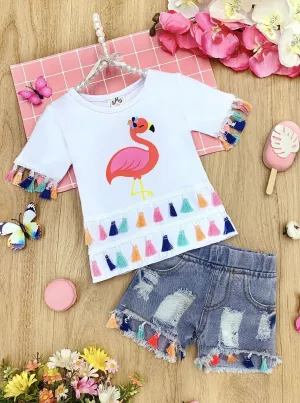 Friendly Flamingo Tassel Denim Shorts Set