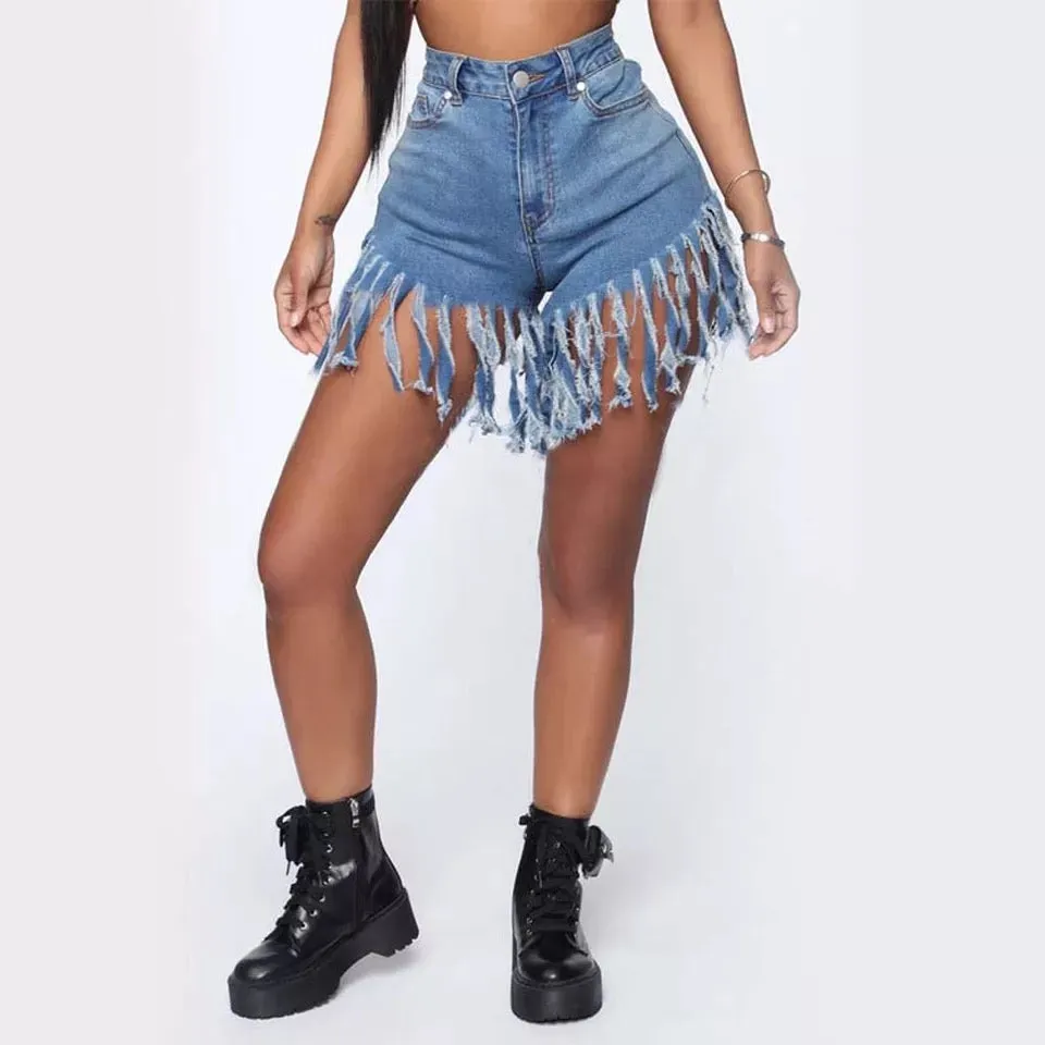 Fringed High Waist Denim Shorts