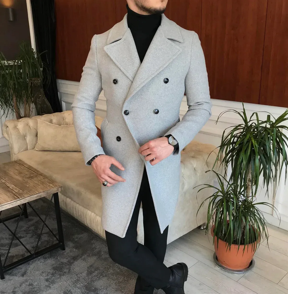 Frost Slim Fit Light Grey Double Breasted Wool Over Coat by ITALIAN VEGA®