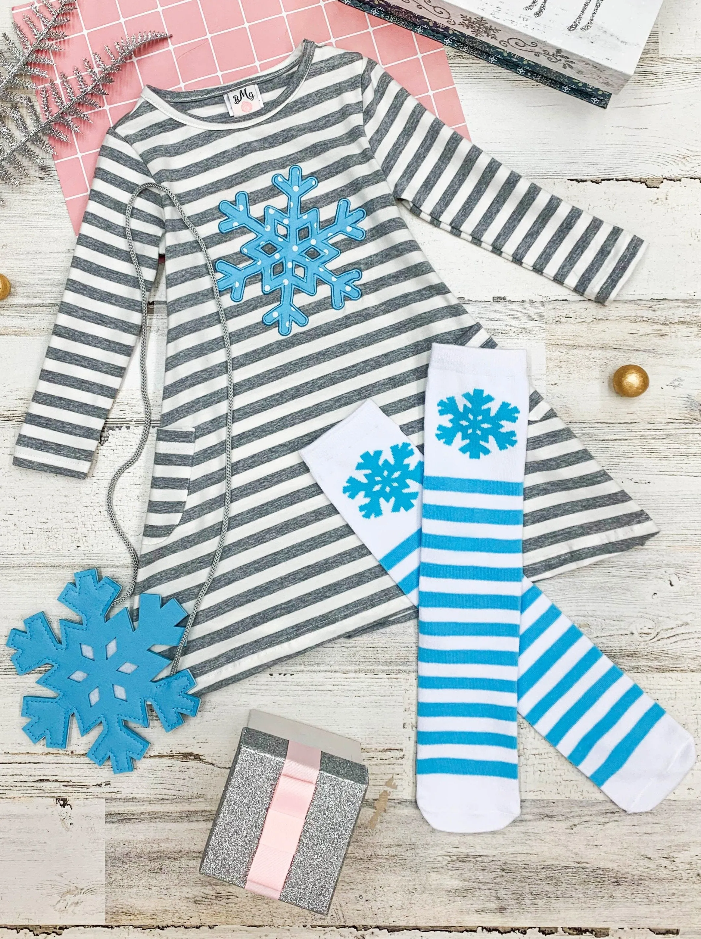 Girls "Snowflake" Striped Print Dress, Purse and Socks Set