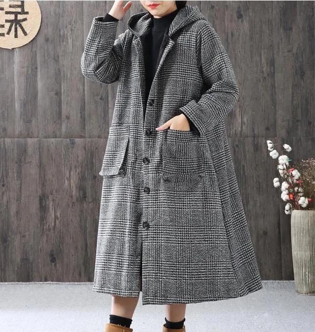 Gray Women Coat Handmade Bat Sleeve loose Hooded Women Wool Coat Jacket