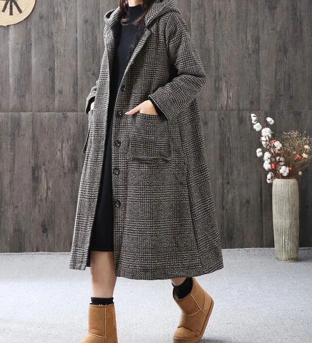 Gray Women Coat Handmade Bat Sleeve loose Hooded Women Wool Coat Jacket