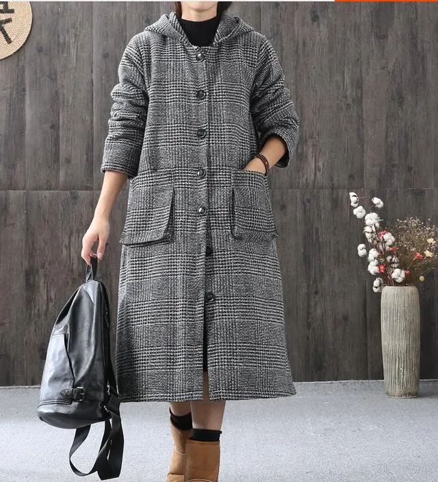 Gray Women Coat Handmade Bat Sleeve loose Hooded Women Wool Coat Jacket