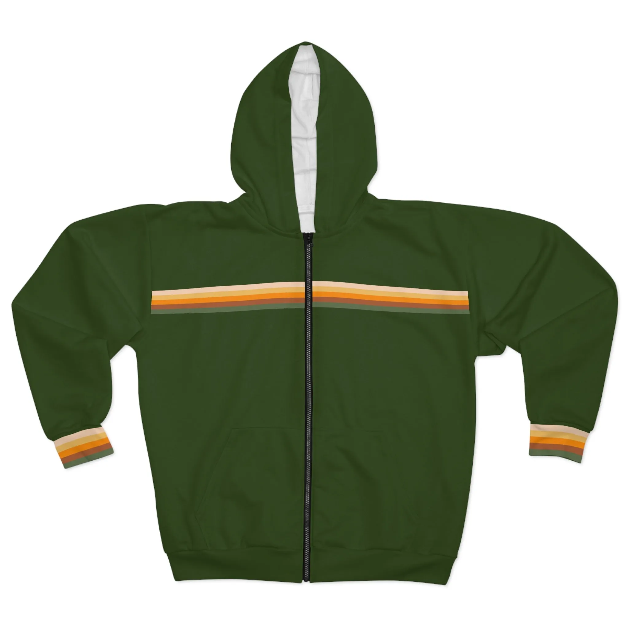 Green 70s Retro Stripe Full Zip Up Hoodie, Vintage 1970s Zipper Pocket Men Women Aesthetic Graphic Cotton Fleece Hooded Sweatshirt