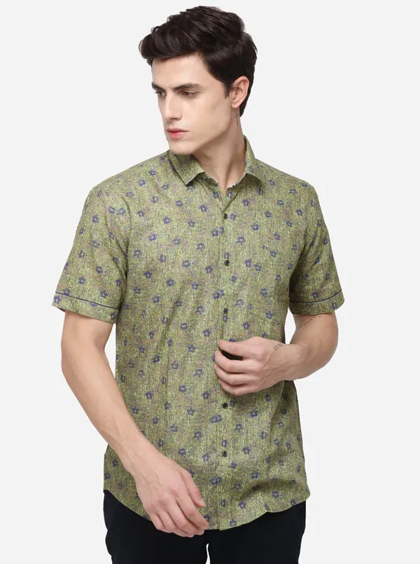 Green Printed Slim Fit Party Wear Shirt | JB Studio