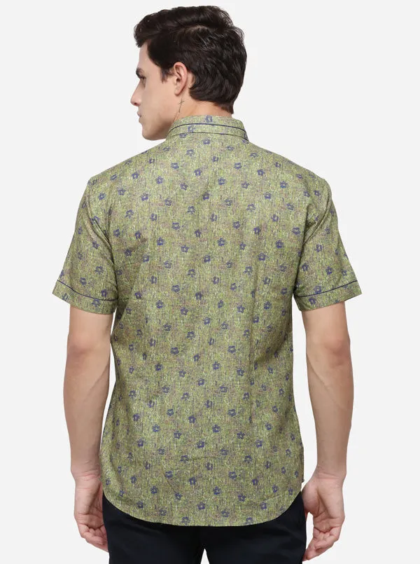 Green Printed Slim Fit Party Wear Shirt | JB Studio