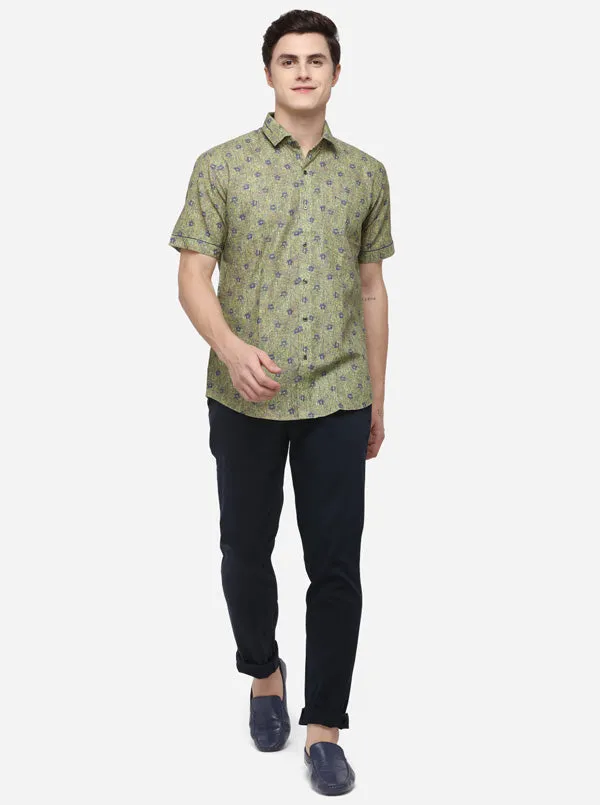 Green Printed Slim Fit Party Wear Shirt | JB Studio