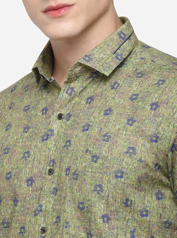 Green Printed Slim Fit Party Wear Shirt | JB Studio