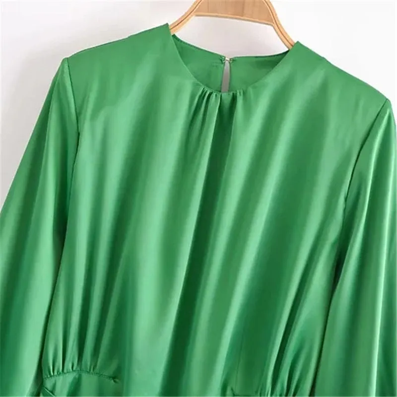 Green Satin Elegant Long Sleeve Mini Summer Dress Knot Wrap Evening Short Dresses