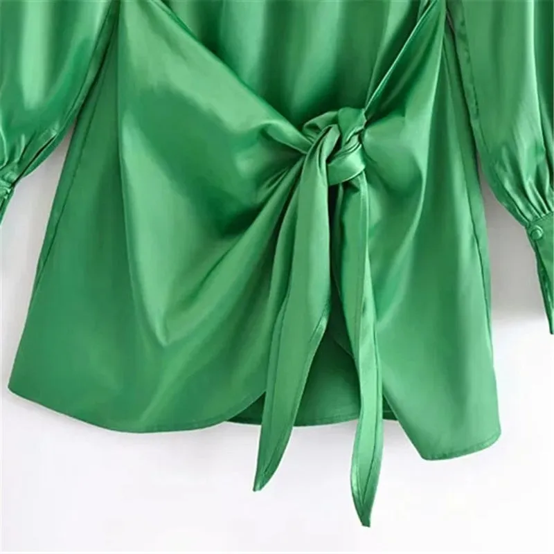 Green Satin Elegant Long Sleeve Mini Summer Dress Knot Wrap Evening Short Dresses