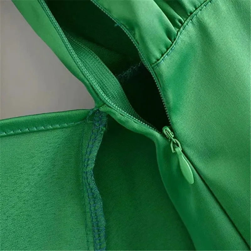 Green Satin Elegant Long Sleeve Mini Summer Dress Knot Wrap Evening Short Dresses