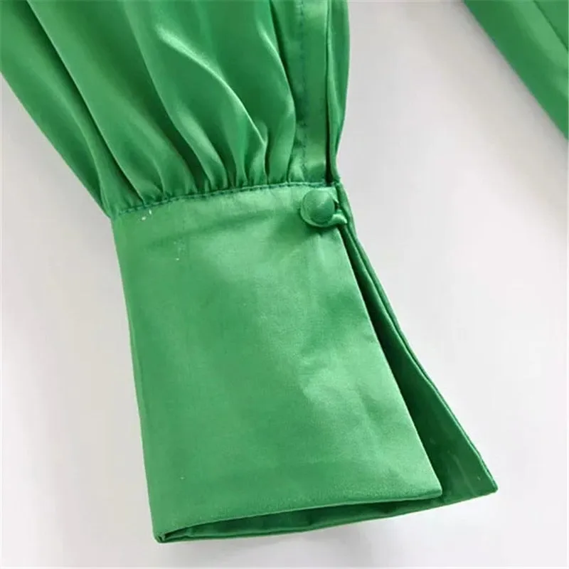 Green Satin Elegant Long Sleeve Mini Summer Dress Knot Wrap Evening Short Dresses