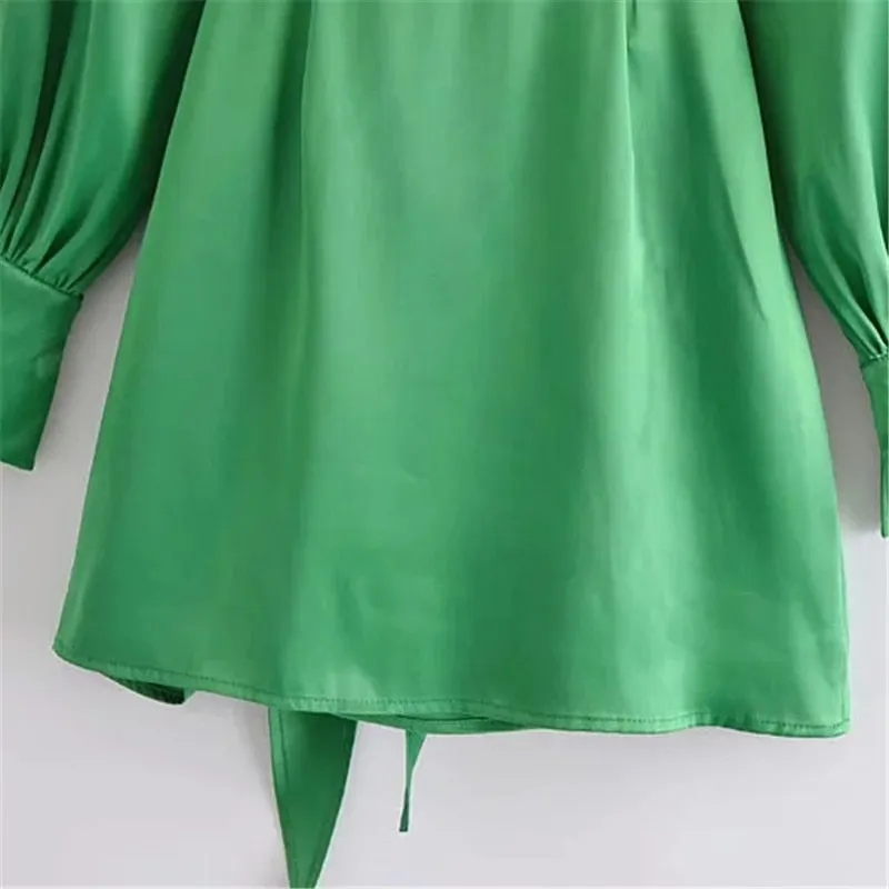 Green Satin Elegant Long Sleeve Mini Summer Dress Knot Wrap Evening Short Dresses