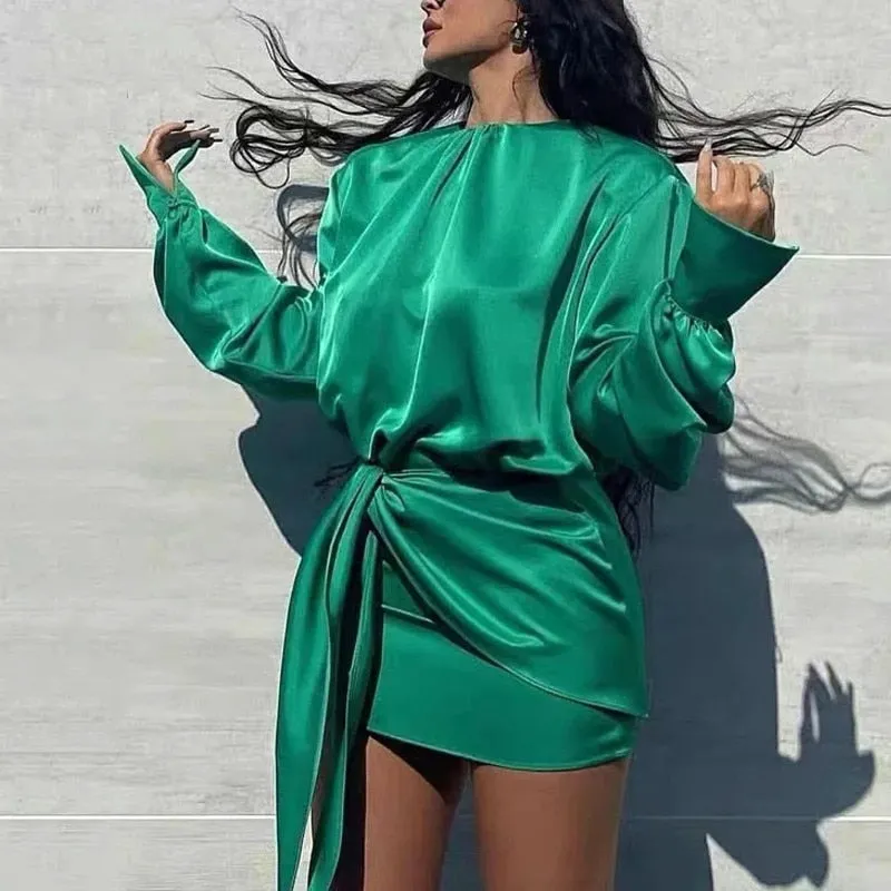 Green Satin Elegant Long Sleeve Mini Summer Dress Knot Wrap Evening Short Dresses