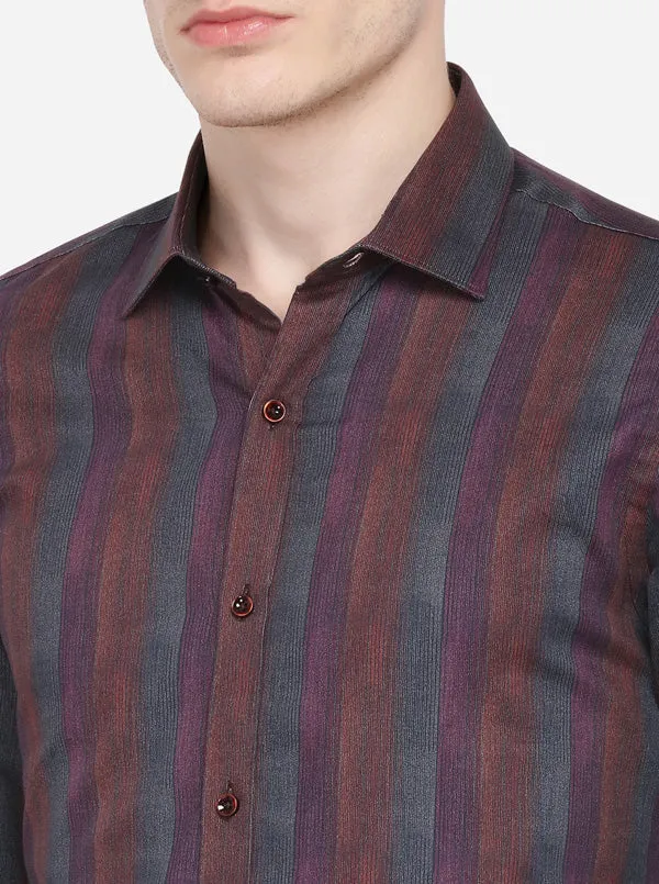 Grey & Blue Striped Slim Fit Party Wear Shirt | Wyre