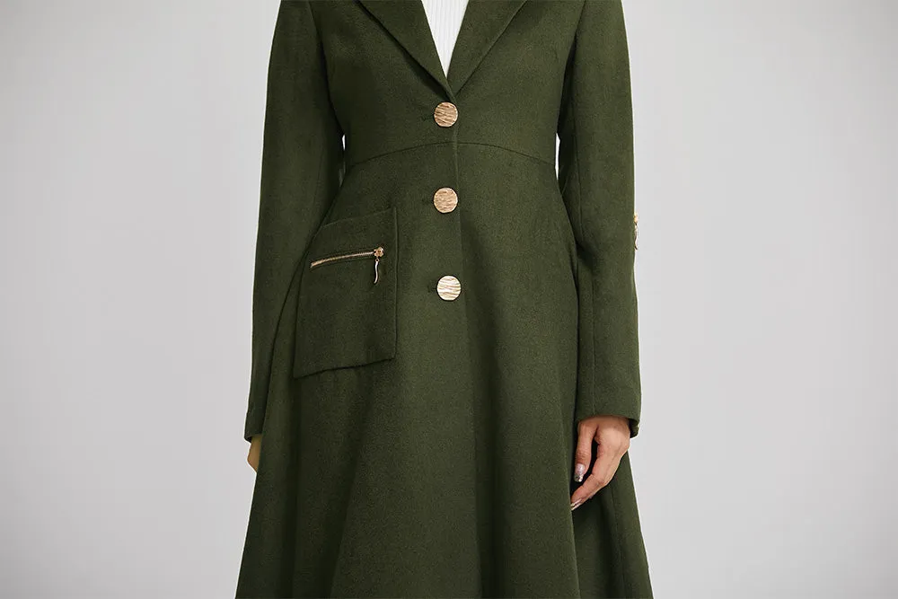 handmade dark green winter coat with single breasted for women 2257