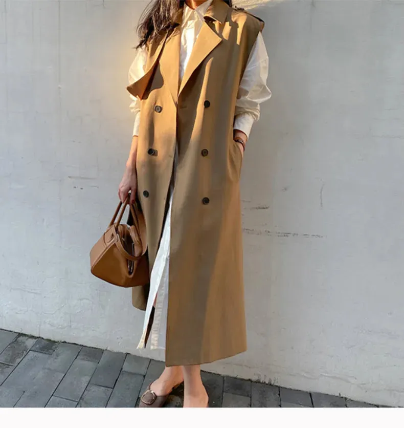 HEYFANCYSTYLE Khaki Long Sleeveless Trench Coat