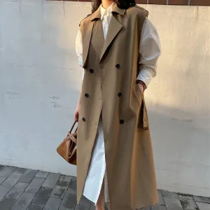 HEYFANCYSTYLE Khaki Long Sleeveless Trench Coat