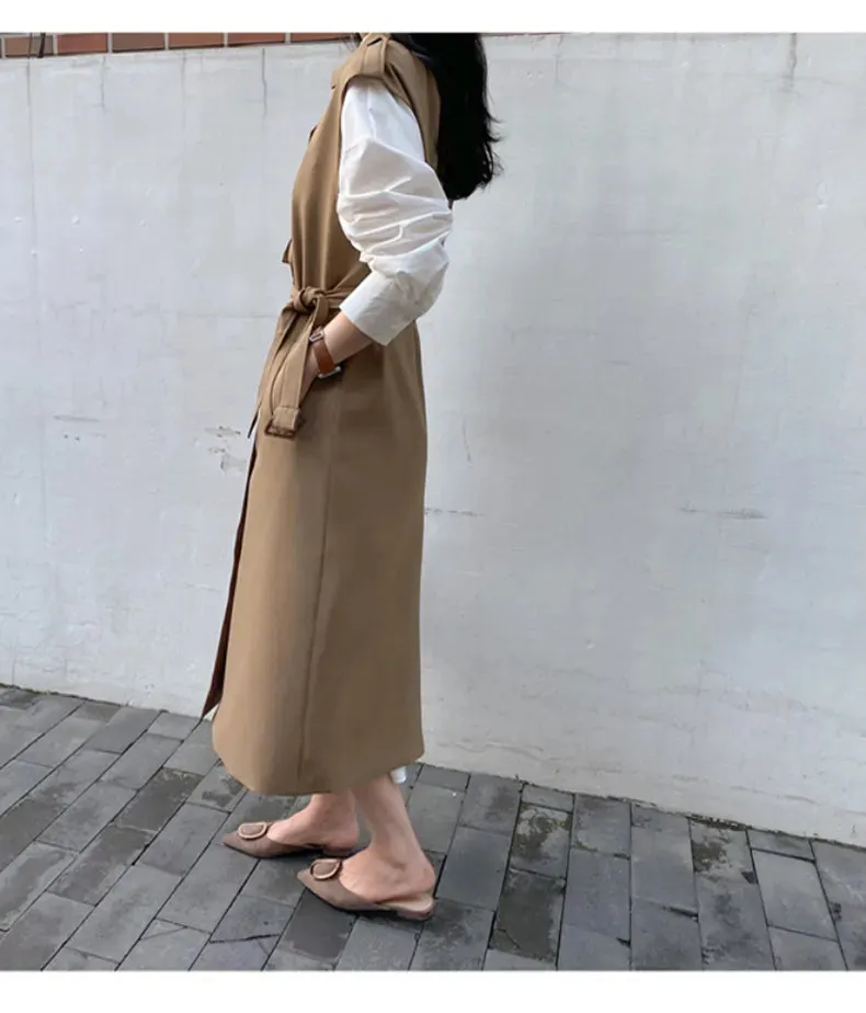 HEYFANCYSTYLE Khaki Long Sleeveless Trench Coat