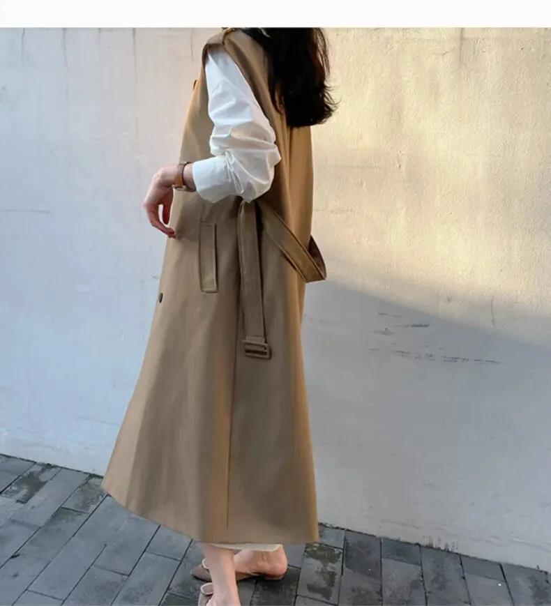 HEYFANCYSTYLE Khaki Long Sleeveless Trench Coat