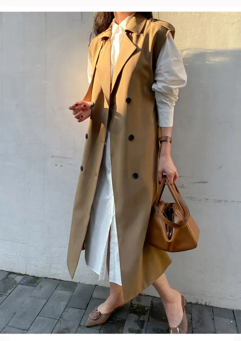 HEYFANCYSTYLE Khaki Long Sleeveless Trench Coat