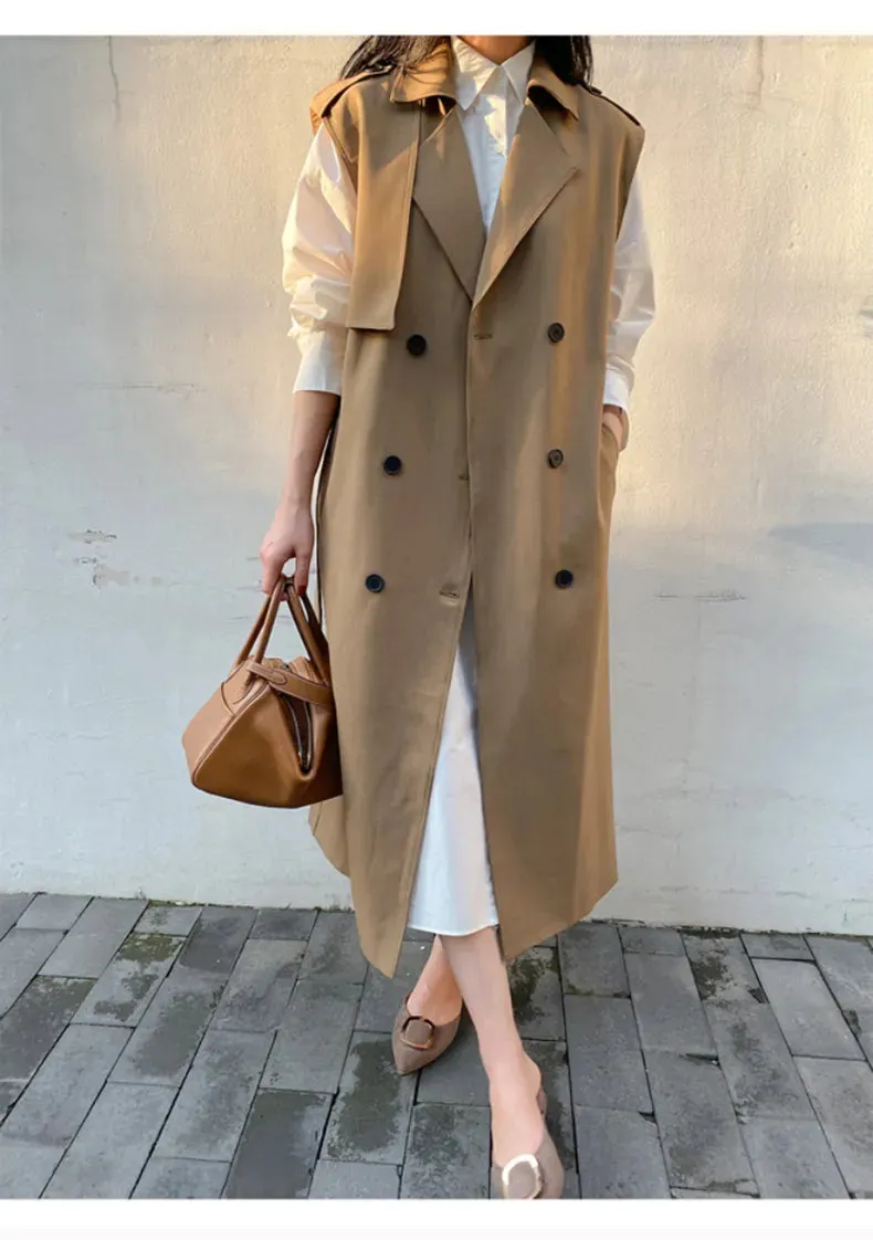 HEYFANCYSTYLE Khaki Long Sleeveless Trench Coat