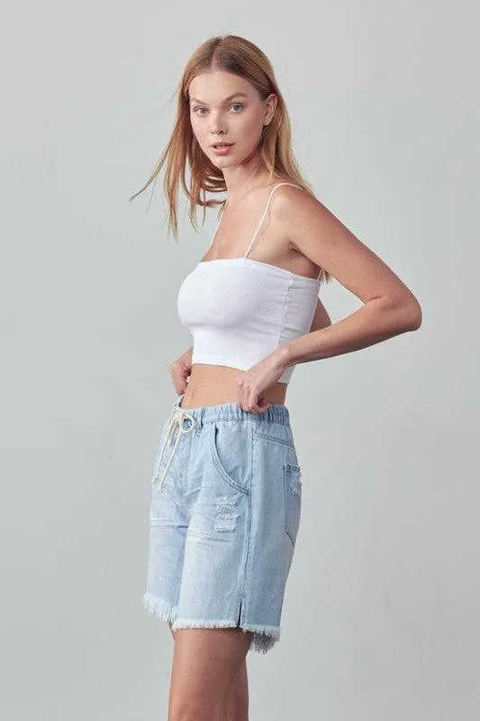 High Rise Drawstring Denim Shorts